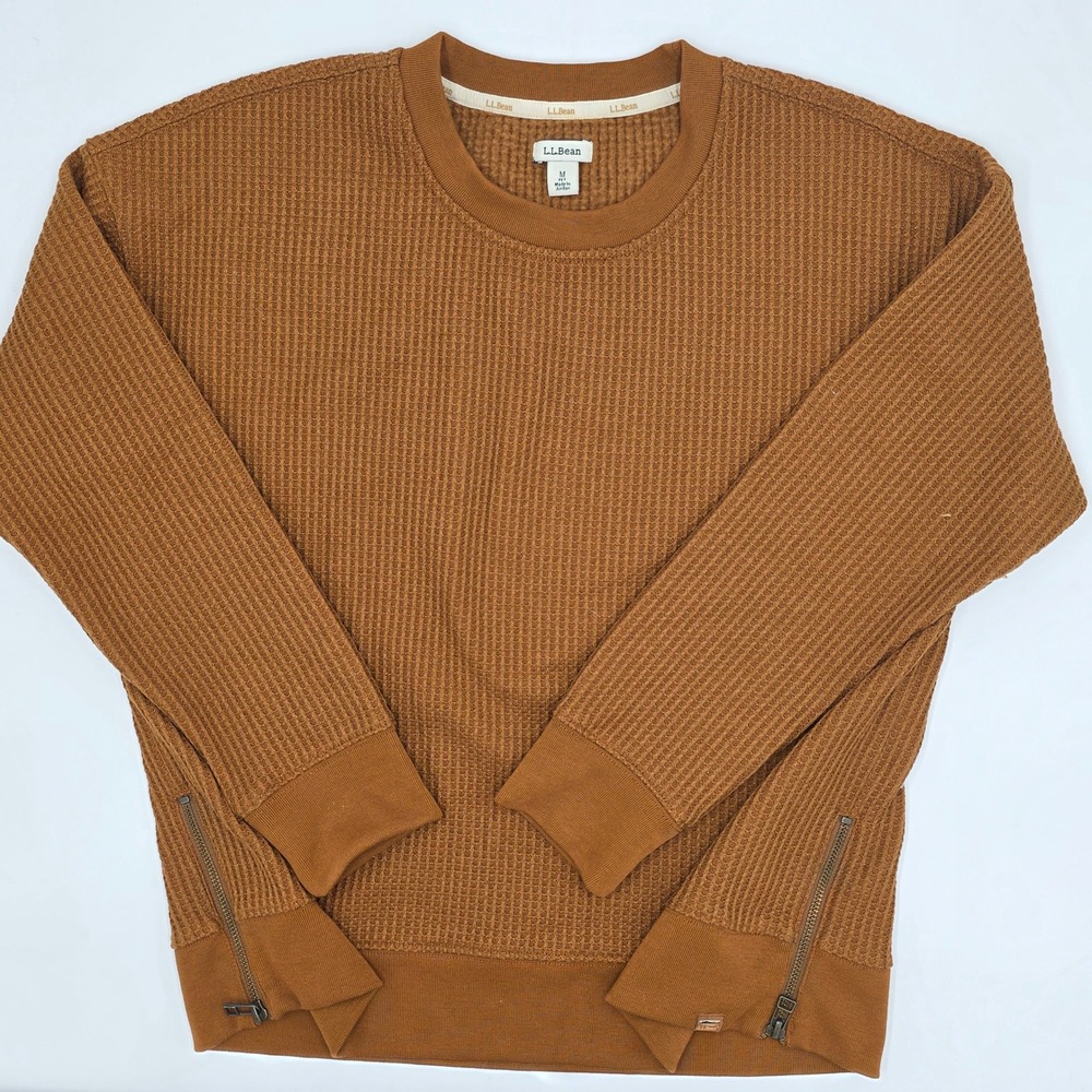 LL Bean Womens Medium Petite Waffle‎ Knit Sweatshirt Brown Side Zip Pullover